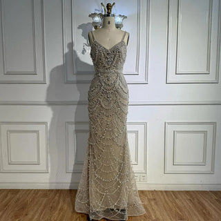 2025 Custom Nude Beaded Mermaid Evening Dress – Pearl Embellished Gown with Spaghetti Straps