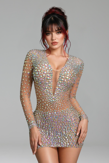 Rhinestone Long-Sleeve Deep-Plunge Mini Dress - LAROSABRIDE