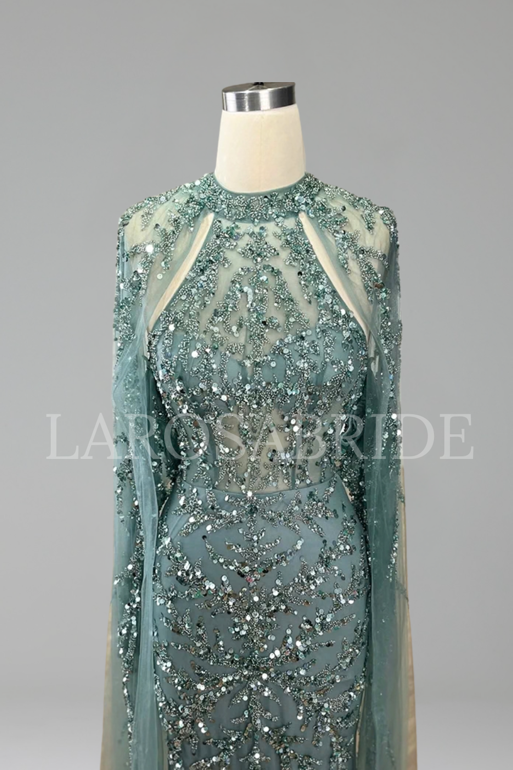 Beaded Cape Sleeve Mermaid Dress - LAROSABRIDE