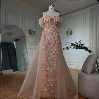 Ships in 2 to 5 Days - 2025 Customized Nude Floral Beaded Off-Shoulder Corset Evening Dress with Overskirt – For Formal Occasions