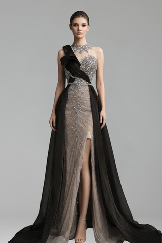 One-Shoulder Beaded Overskirt Gown