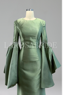 Green Satin Evening Dress with Bell Sleeves - LAROSABRIDE