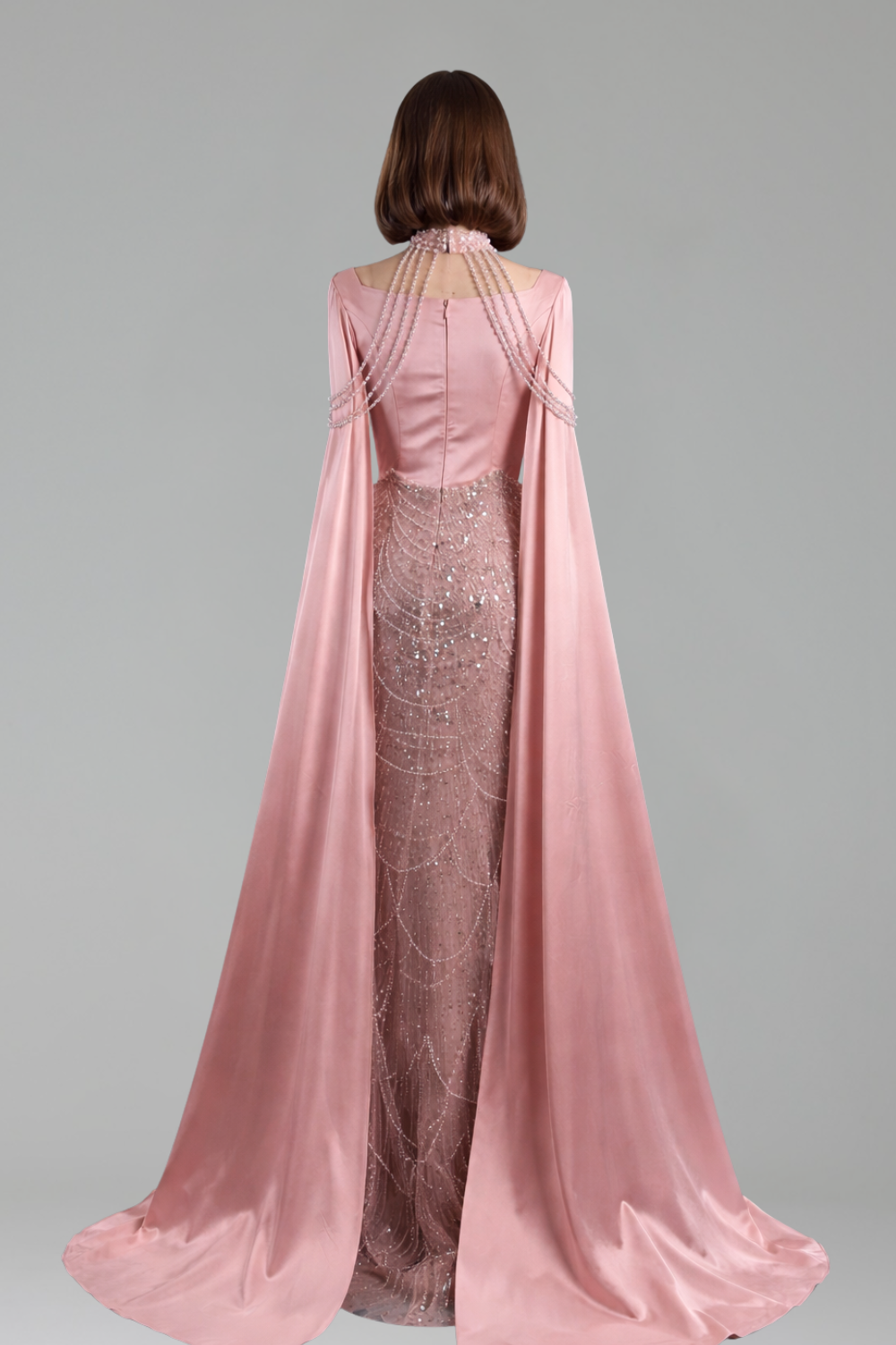 Satin Cape Beaded Gown - LAROSABRIDE