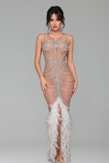 Feather-Trimmed Crystal Mermaid Dress - LAROSABRIDE