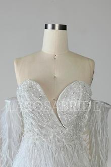 Strapless Feather Beaded Mini Dress - LAROSABRIDE