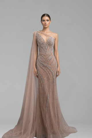 Nude Beaded One-Shoulder Dress