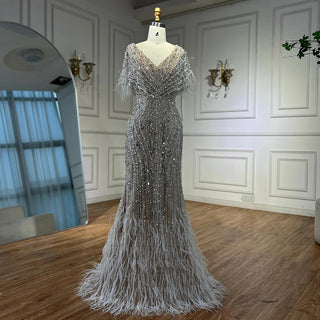 Ships in 2 to 5 Days - Elegant White Nude Beaded Mermaid Evening Gown – 2025 Saudi-Inspired Dress with Feather Details