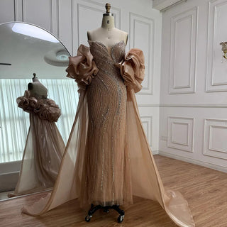 Nude Crystal-Swirl Gown with Dramatic Ruffled Sleeves