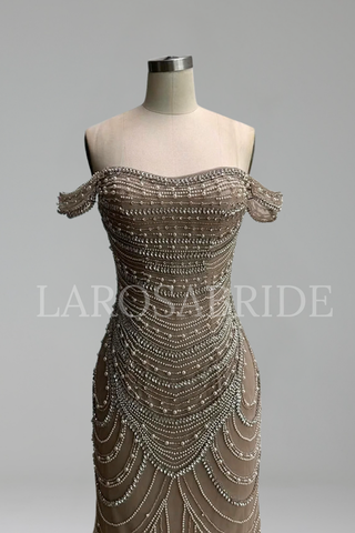 Off Shoulder Pearl Mermaid Dress - LAROSABRIDE