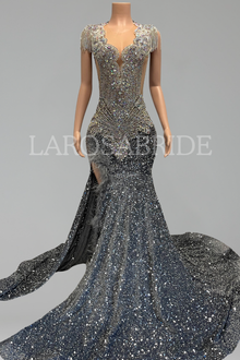 Cap Sleeve Sequin Slit Train-Larosabride