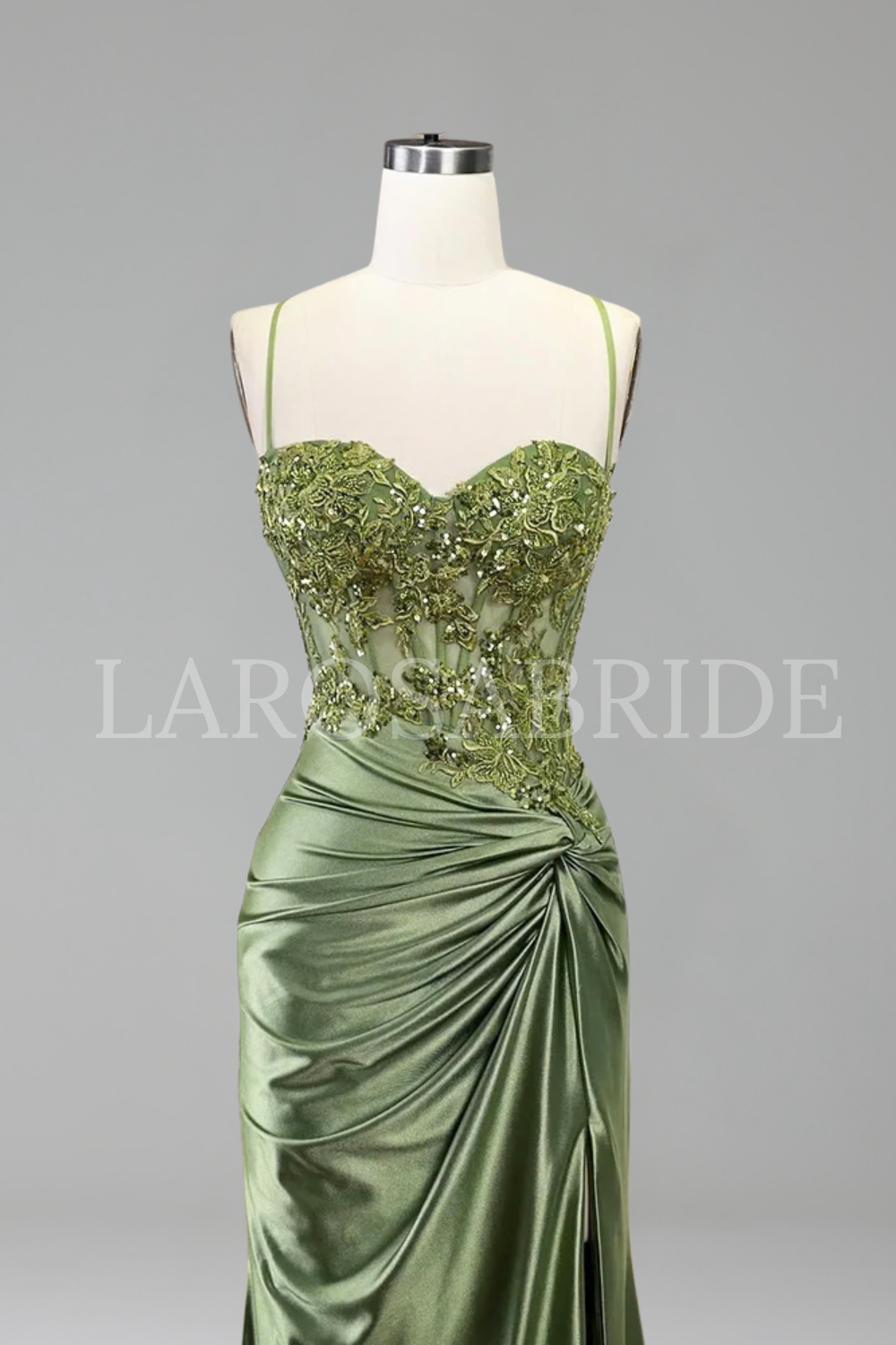 Beaded Satin Slit Evening Dress - LAROSABRIDE