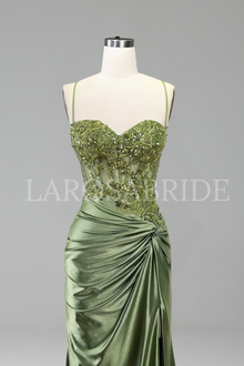 Beaded Satin Slit Evening Dress - LAROSABRIDE