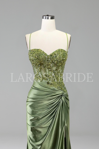 Beaded Satin Slit Evening Dress - LAROSABRIDE