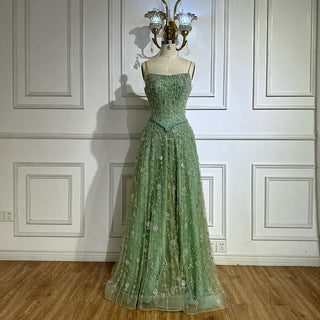 Ships in 2 to 5 Days - 2025 Sage Green Saudi Beaded A-Line Evening Gown with Spaghetti Straps – Customized Elegance