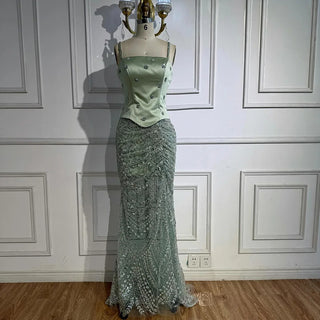 2025 Luxury Sage Green Beaded Evening Gown with Spaghetti Straps – Elegant Formal Occasion Dress