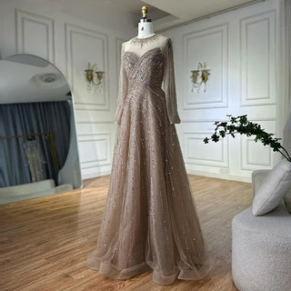 Ships in 2 to 5 Days -2025 Custom Saudi-Inspired Caramel Beaded A-Line Evening Gown – Formal Dress with Sheer Top