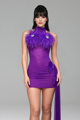High Neck Feather Detail Mini Dress - LAROSABRIDE