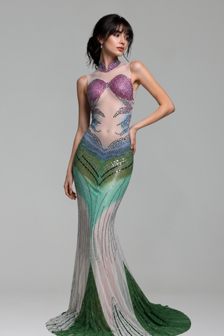 Illusion Embellished Mermaid Evening Gown - LAROSABRIDE