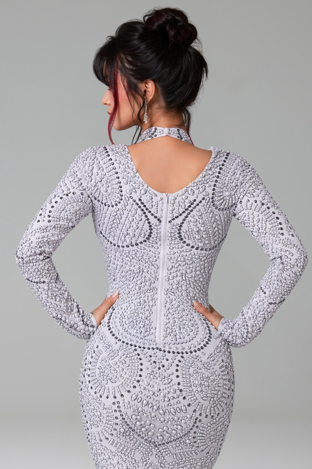 Crystal Embellished High-Neck Bodycon Dress - LAROSABRIDE