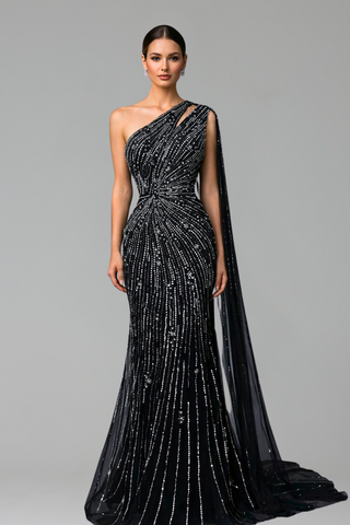 One-Shoulder Beaded Mermaid Split Dress