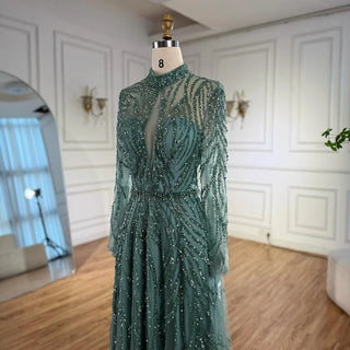 Ships in 2 to 5 Days - Elegant Turquoise A-Line Evening Dress – High Neck Beaded Formal Gown for Women