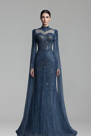 Illusion Yoke Beaded Cape Gown
