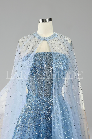 Beaded Mesh Cape Gown - LAROSABRIDE