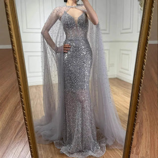 Ships in 2 to 5 Days - Luxury Purple Beaded Sequin Mermaid Evening Gown with Cape – Elegant Formal Dress