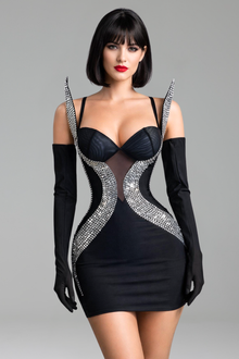 Black Crystal Panel Mini Dress - LAROSABRIDE