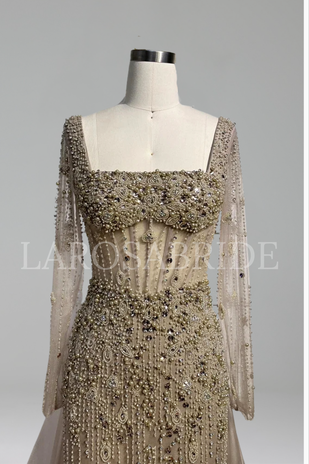 Square-Neck Pearl-Beaded Dress - LAROSABRIDE