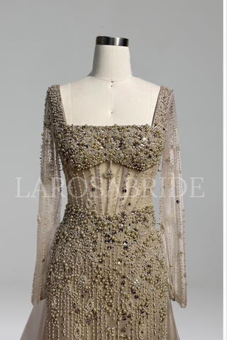 Square-Neck Pearl-Beaded Dress - LAROSABRIDE