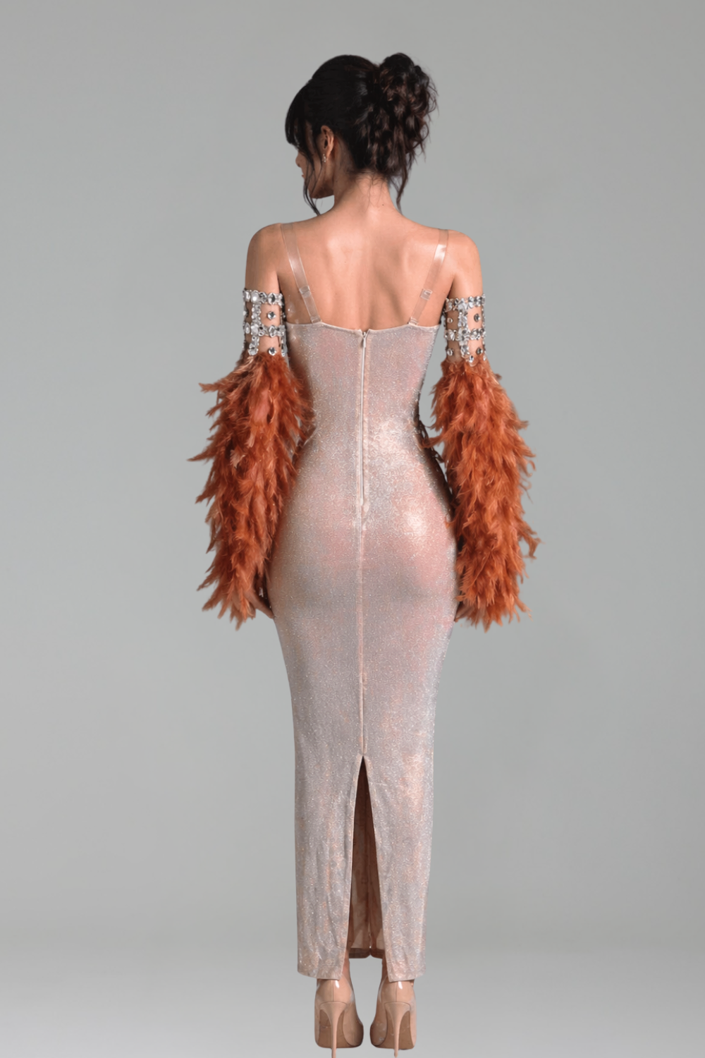 Sheer Crystal Grid Feather Sleeve Gown - LAROSABRIDE