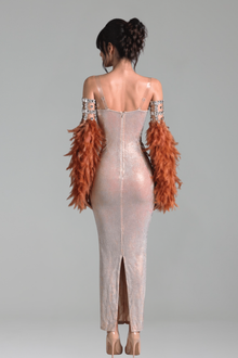 Sheer Crystal Grid Feather Sleeve Gown - LAROSABRIDE