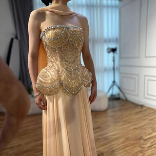 Ships in 2 to 5 Days -Luxury Designer Nude Beaded Chiffon Evening Gown for Women – Elegant Dress for Weddings & Formal Parties