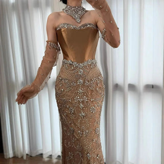 Ships in 2 to 5 Days -Luxury Beaded Corset Evening Gown with Sheer Overlay & Matching Gloves – 2025 Elegant Long Dress