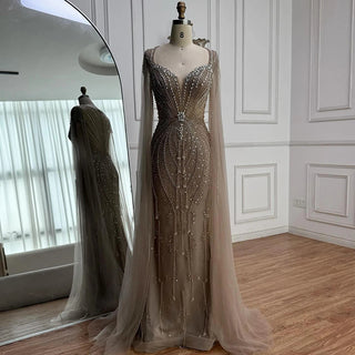 Ships in 2 to 5 Days - Luxury Beige-Pink Beaded Evening Gown – 2025 Formal Dress with Cape Sleeves