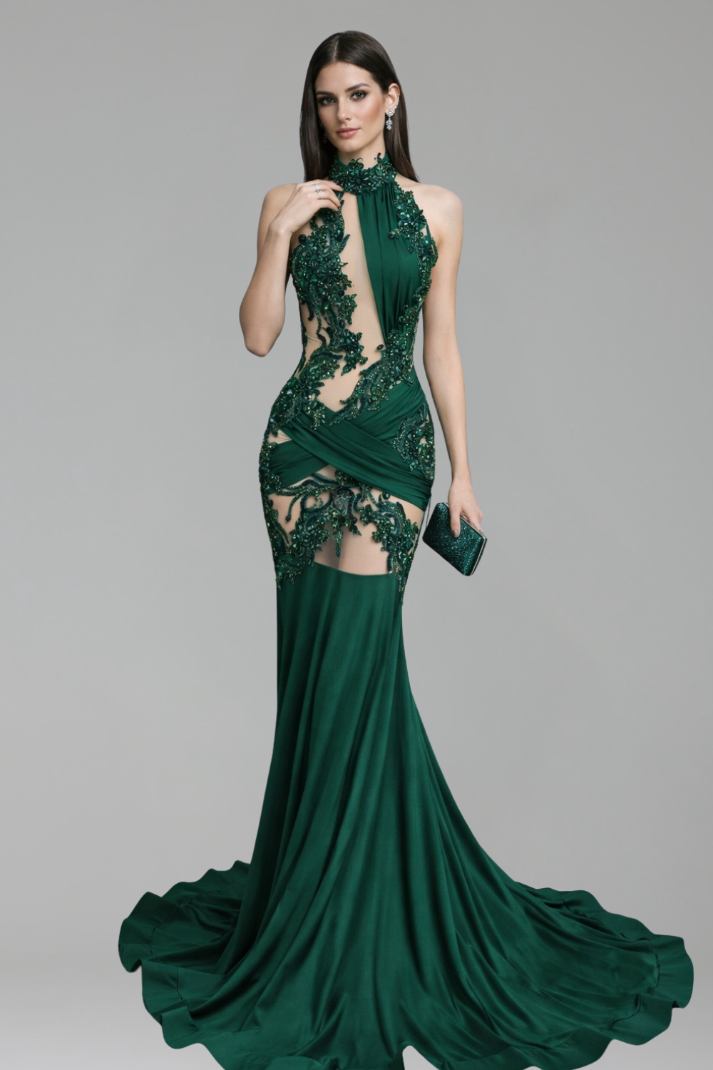 High Neck Embellished Cutout Mermaid Gown - LAROSABRIDE