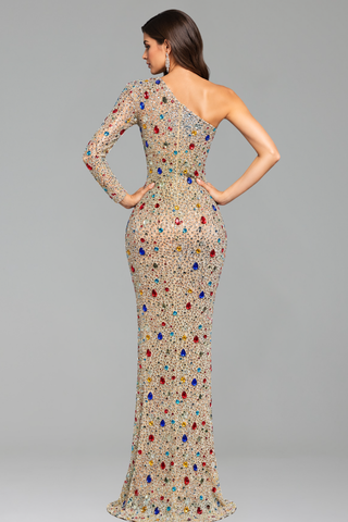 One-Shoulder Crystal Jewel Gown