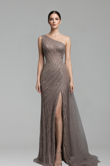 One-Shoulder Beaded Column Gown-Larosabride