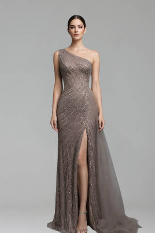 One-Shoulder Beaded Column Gown