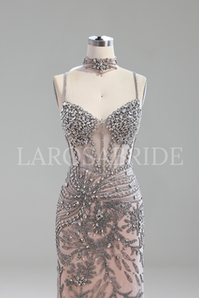 Grey Nude Beaded With Cape Prom - LAROSABRIDE