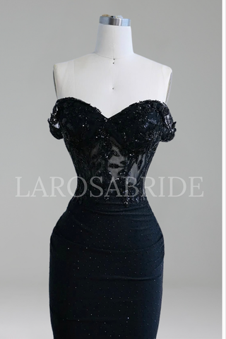 Black Lace Off Shoulder Prom Dress - LAROSABRIDE