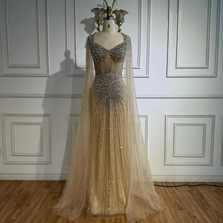 Ships in 2 to 5 Days - Luxury Nude Beaded Evening Dress – Saudi-Inspired Formal Gown with Cape Sleeves