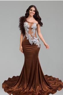 One Shoulder Feather Mermaid Gown - LAROSABRIDE