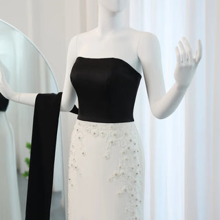 Elegant Black and White Strapless Evening Dress with Cape - 2024 Luxury Beaded Arabic Gown for Women’s Wedding Parties