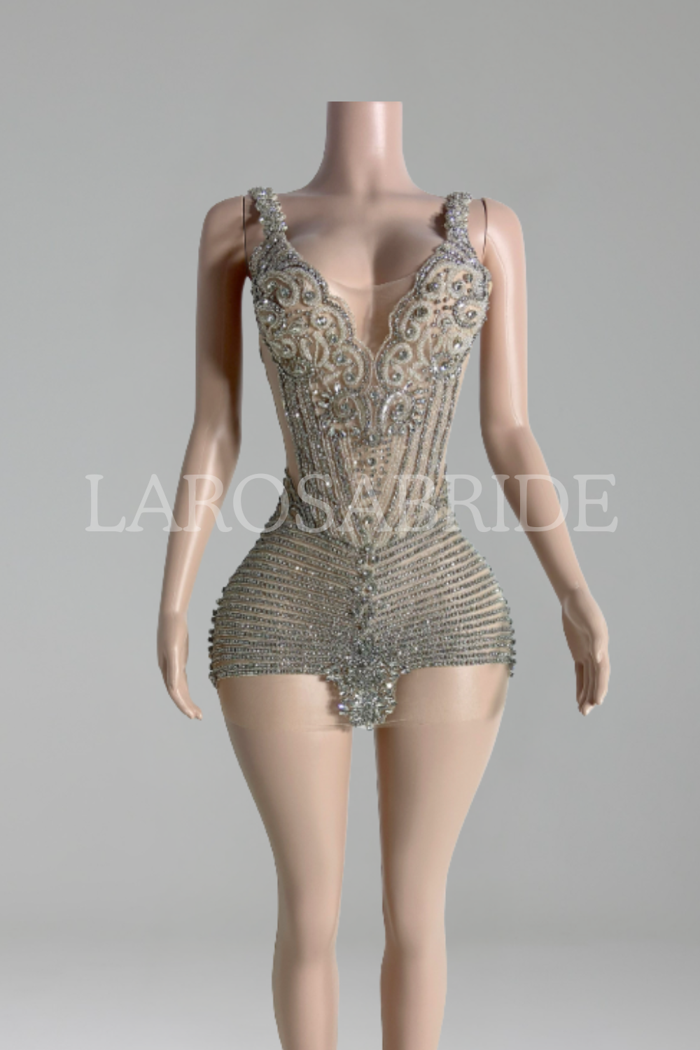 Sculpted-Bead Mesh Mini Dress-Larosabride