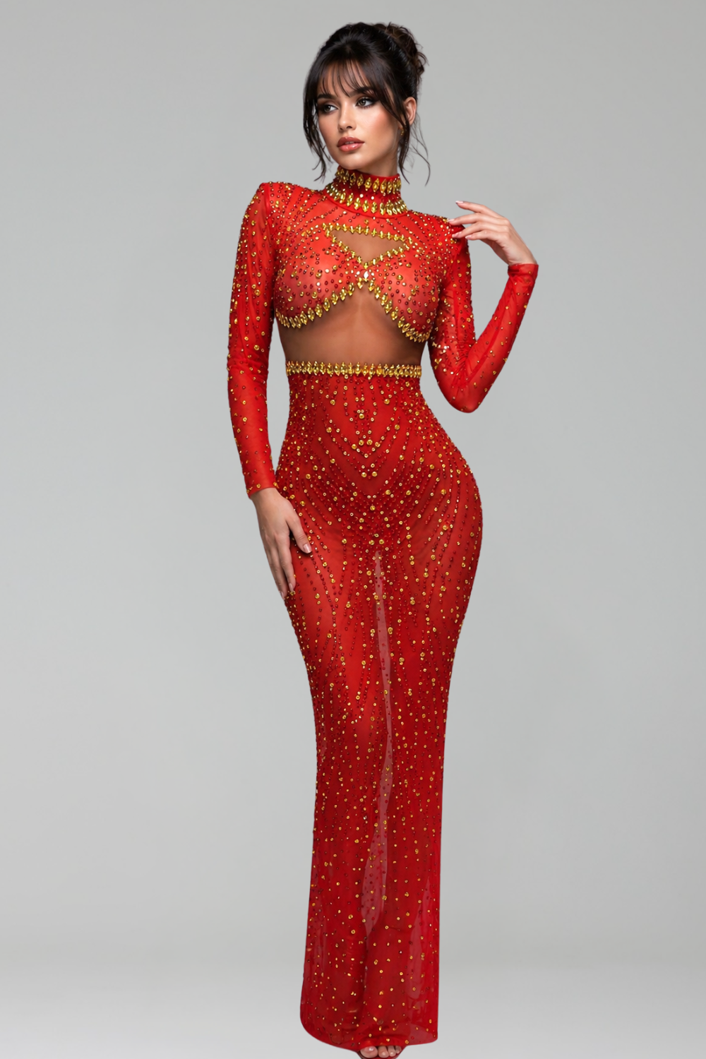 High-Neck Crystal Cutout Evening Dress - LAROSABRIDE