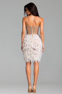 Beaded Corset Feather Mini Dress - LAROSABRIDE