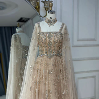 Ships in 2 to 5 Days - Arabic Nude A-Line Cape Sleeve Crystal Beaded Saudi Evening Dresses for Occasion