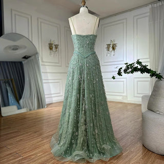Ships in 2 to 5 Days - 2025 Sage Green Saudi Beaded A-Line Evening Gown with Spaghetti Straps – Customized Elegance